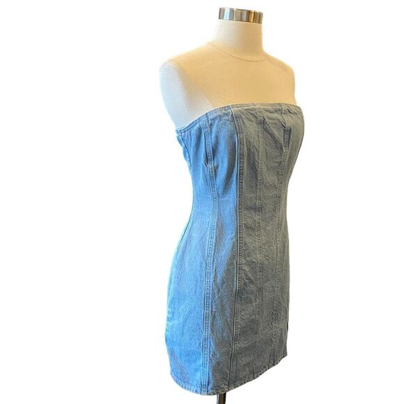 Asos Strapless Denim Mini Dress With Slit Hem - Picture 6 of 13